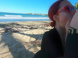 He cums fast in her tight pussy at the beach