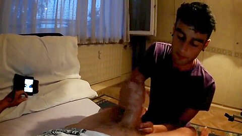 Helping hand for friend (jerking, balls massage, cum tasting)