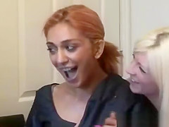 Hot CFNM babes give hot handjob to lucky guy