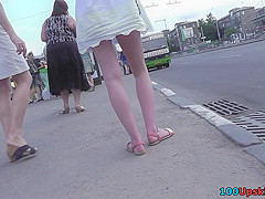 Hot upskirts views of a skinny teen 18+ in A-line skirt