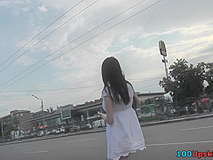 Hot upskirts views of a skinny teen 18+ in A-line skirt