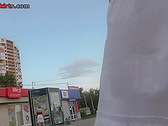 Hot upskirts views of a skinny teen 18+ in A-line skirt