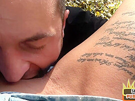 Inked public MILF rides sex date guy outdoor after blowjob