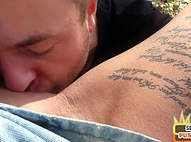 Inked public MILF rides sex date guy outdoor after blowjob