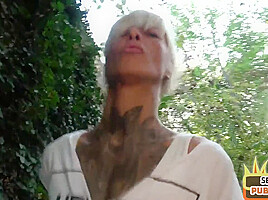 Inked public MILF rides sex date guy outdoor after blowjob