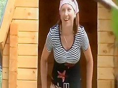 Lady pees in wooden cabin