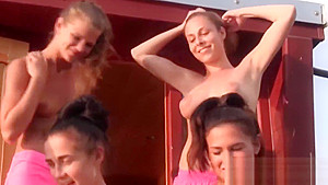 Lesbian teens 18+ group fuck with dildos on a river boat