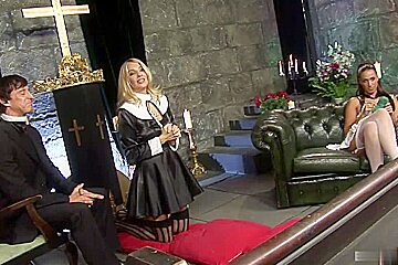 Lovely babes have group fuck in the church