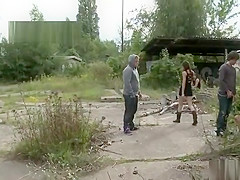 Naked slave walked in public parking
