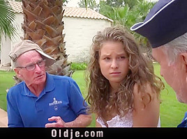 Nasty girl is sucking two old cocks in trio