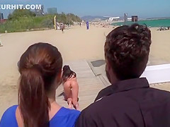 Nude Spanish beauty walked on the beach