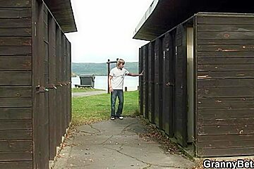 Old floozy blows and bonks him in the public