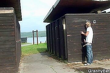 Old floozy blows and bonks him in the public