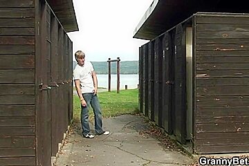 Old floozy blows and bonks him in the public