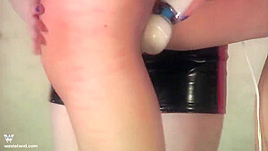 Pvc Clad Redhead Femdom Owns Submissive Lover With Cane And Magic Wand Vibrator
