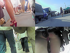 Red head gal shows off g-string in candid upskirts