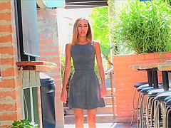 Sensual Averie flashing shaved pussy upskirt in public