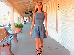 Sensual Averie flashing shaved pussy upskirt in public