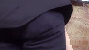 Shaved head slave deep throat in public