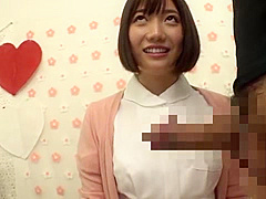 She gives him a titjob, fingers her shaved pussy, and then gives him a blowjob