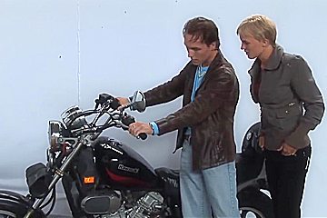 Short-haired Biker Blonde Girl Licks Very Crooked Penis