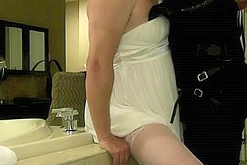 Sissy Wench and Dominatrix-Bitch playing with 9inch belt on dicks