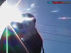 Skinny readhead's hose upskirt