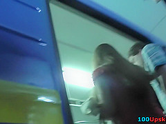 Slim chick participates in upskirts clip showing thong
