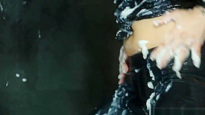 Spex babe masturbating while covered in cum