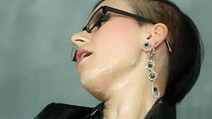 Spex babe masturbating while covered in cum
