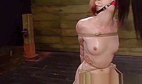 Strapon slut in femdom threeway gagged