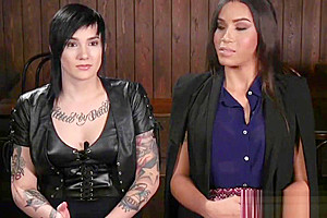 Straponfucked transgender spills cum on babe