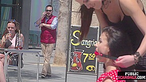 Submissive babe exposed outdoor in public by domina