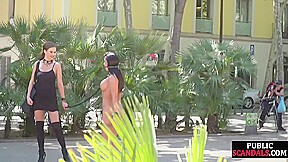Submissive babe exposed outdoor in public by domina