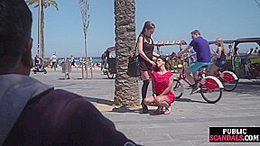 Submissive babe exposed outdoor in public by domina