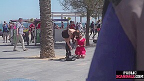 Submissive babe exposed outdoor in public by domina