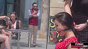 Submissive babe exposed outdoor in public by domina