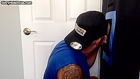 Tattooed amateur gloryhole DILF sucks BFs dick at home