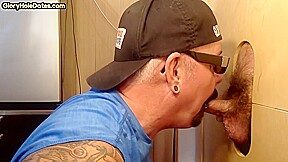 Tattooed gloryhole DILF sucks cock 4 cum in mouth at home