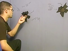 Thin gay white guy sucking off black cocks at a gloryhole
