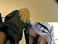 Tights up neat golden-haired's skirts