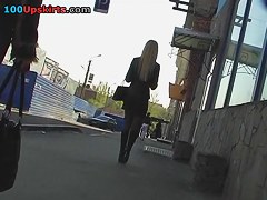 Tights up neat golden-haired's skirts
