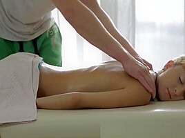 Tiny sweet babe Janette takes hard fat cock after massage