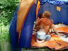 Trio hot in a tent bareback sex cums on wood