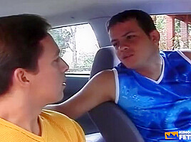 Two Horny Twinks Suck Their Hairy Cocks In The Car And Pound Their Tight Assholes Outside