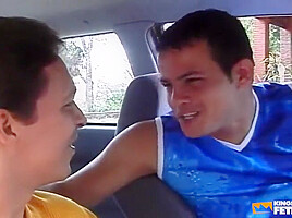 Two Horny Twinks Suck Their Hairy Cocks In The Car And Pound Their Tight Assholes Outside