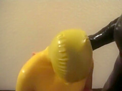 Yellow Latex Slave Girl In Rubber Swimsuit Breathplay With Vaccummask