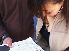 Young chick with small tits in the Asian downblouse video