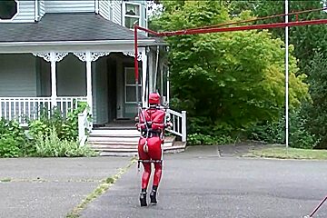 in red latex catsuit
