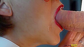 4k - Milf Slut Masked With Lipstick Gives Blowjob & Gets All The Cum On Her Tongue In Close Up